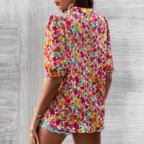 SHEIN VCAY Allover Floral Print Puff Sleeve Shirt - Picture 2 of 2